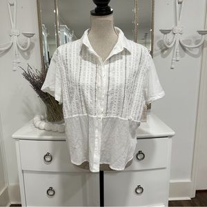 Frame White Button Up Blouse Lace Detail Sz L Cotton Coastal Office Chic